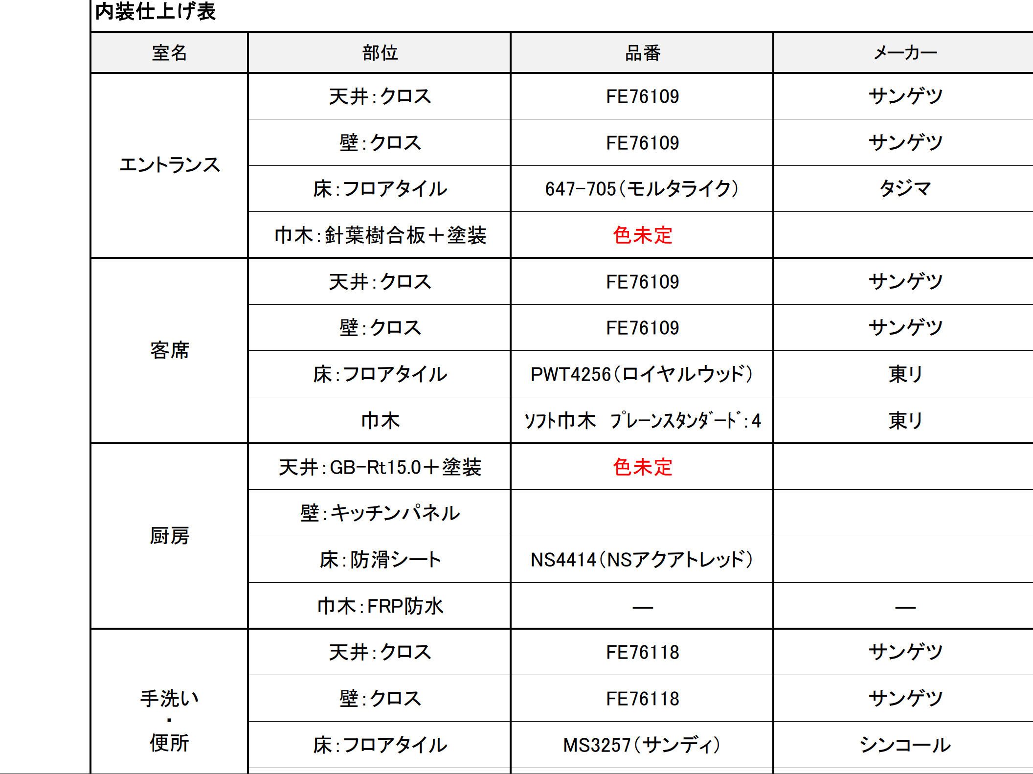 内装仕上げ表でクロスの品番とメーカーを確認する資料